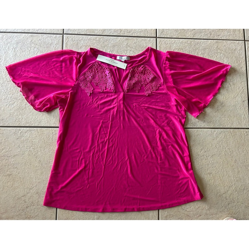 Emma & Olive Woman Fuchsia Pink Crochet Lace Split Neck Flutter Sleeve Top 1X